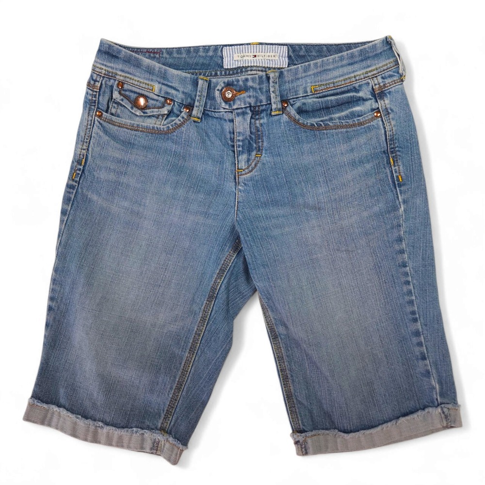 Tommy Hilfiger Denim Shorts Mid Rise Cuffed Hem Medium Wash Blue 8